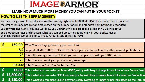 Image Armor Spreadsheet to Learn How much more money you can make by switching to Image Armor Inks